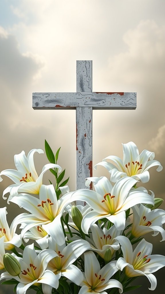 50 Cute Easter Wallpapers to Celebrate the Season A wooden cross surrounded by white lilies under a cloudy sky