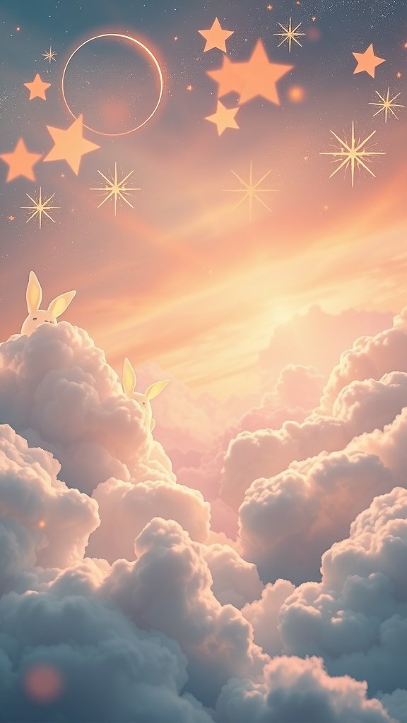 50 Cute Easter Wallpapers to Celebrate the Season A dreamy sky with soft clouds, bunnies, stars, and a crescent moon, perfect for Easter wallpapers.
