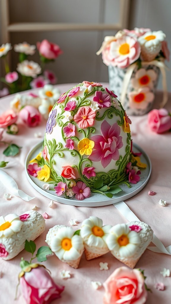 50 Cute Easter Wallpapers to Celebrate the Season A beautifully decorated Easter egg cake with flowers, surrounded by floral decorations and sweets.