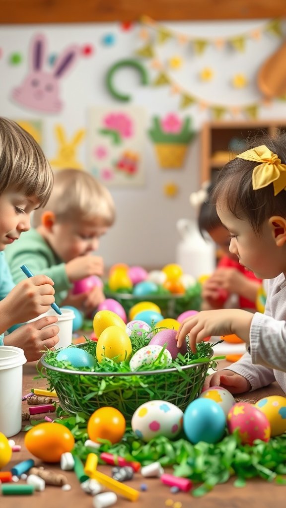 50 Cute Easter Wallpapers to Celebrate the Season Children decorating Easter eggs with colorful materials on a festive table.