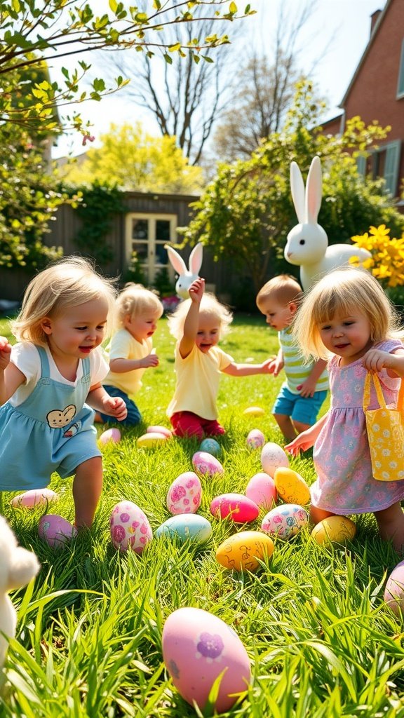 50 Cute Easter Wallpapers to Celebrate the Season Children joyfully hunting for Easter eggs in a vibrant garden