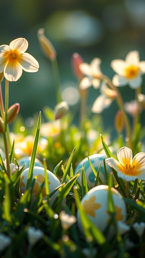 50 Cute Easter Wallpapers to Celebrate the Season Colorful Easter eggs among blooming flowers in a grassy field