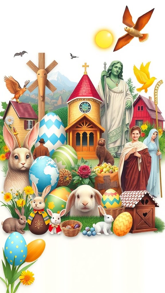 50 Cute Easter Wallpapers to Celebrate the Season A colorful and illustrative representation of Easter traditions, featuring eggs, bunnies, flowers, and a festive atmosphere.