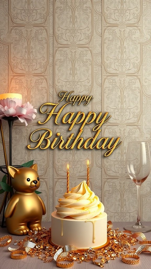 50 Fun and Creative Birthday Phone Wallpapers You’ll Love Elegant birthday decor featuring a cake, golden accents, and a cheerful message.