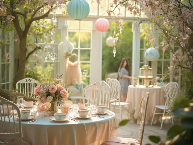How to Host the Perfect Kids' Tea Party Birthday A whimsical garden conservatory set for a children's tea party, featuring vintage tables with pastel tablecloths, bone china teacups, fresh flower garlands, crystal prisms casting rainbows, and pastel paper lanterns with fairy lights, during golden hour.
