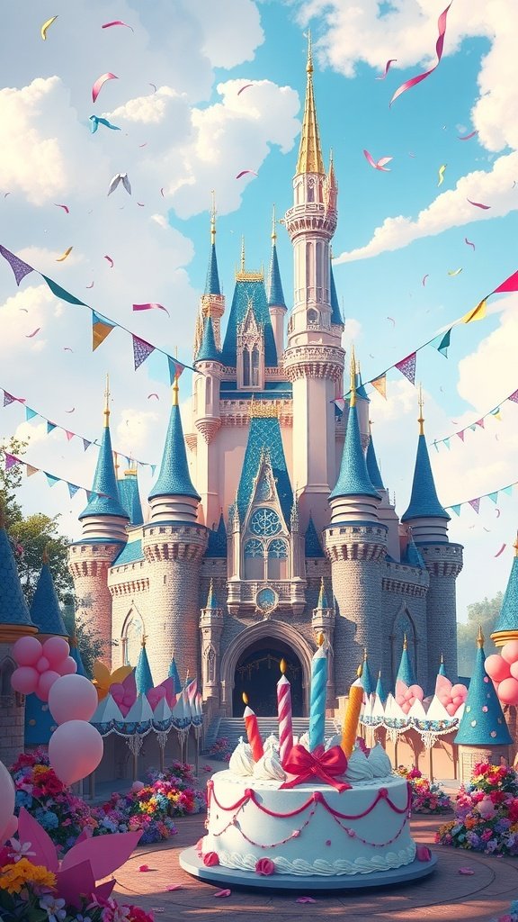 50 Fun and Creative Birthday Phone Wallpapers You’ll Love A colorful fantasy castle with a birthday cake in front, surrounded by decorations.