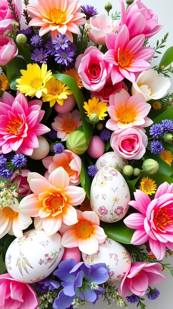 50 Cute Easter Wallpapers to Celebrate the Season A colorful floral arrangement featuring pink lilies, daisies, and decorated Easter eggs.
