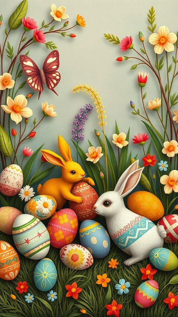 50 Cute Easter Wallpapers to Celebrate the Season Two bunnies and decorated Easter eggs surrounded by flowers and a butterfly.