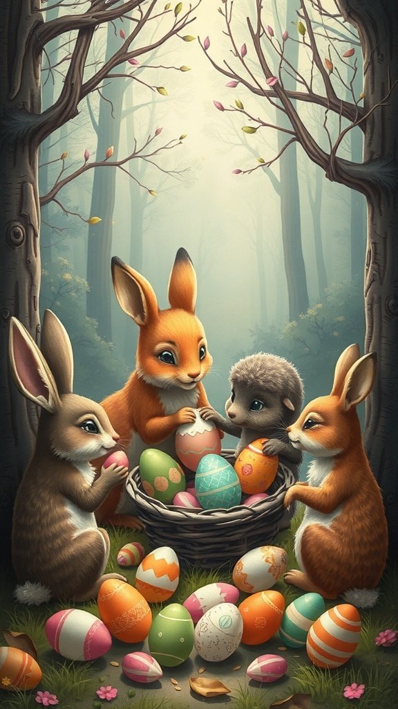 50 Cute Easter Wallpapers to Celebrate the Season A group of cute forest animals, including bunnies and a hedgehog, celebrating Easter with colorful eggs in a serene forest setting.