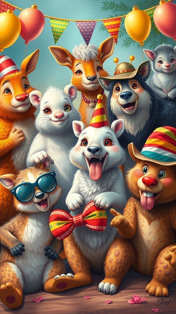 50 Fun and Creative Birthday Phone Wallpapers You’ll Love A vibrant birthday party scene with various cute animals wearing party hats and accessories.