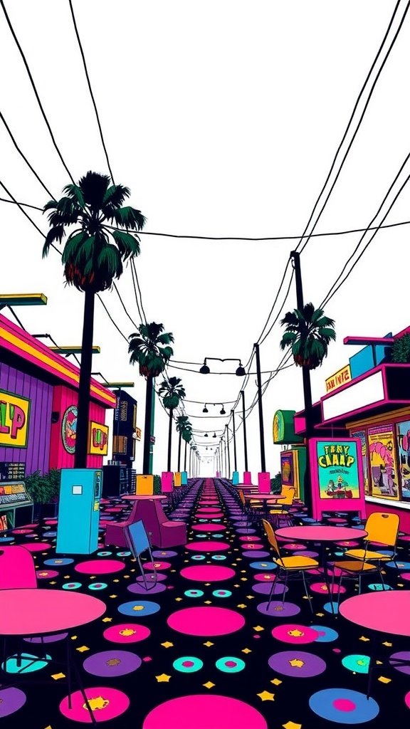 50 Fun and Creative Birthday Phone Wallpapers You’ll Love Colorful and funky retro street scene with palm trees and vibrant patterns.
