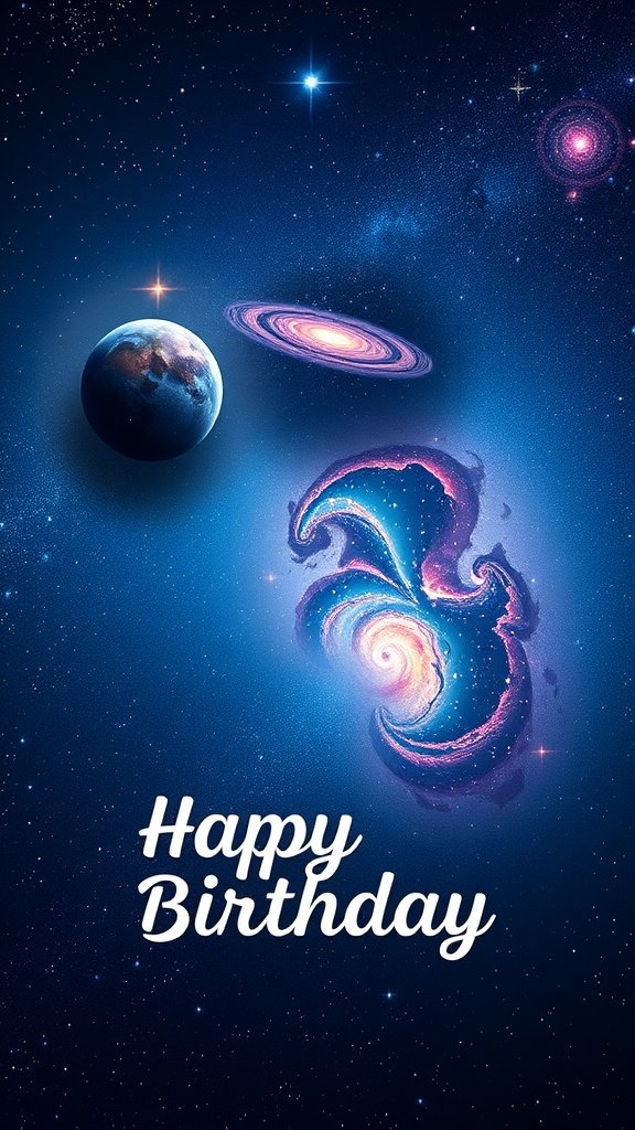 50 Fun and Creative Birthday Phone Wallpapers You’ll Love Colorful galaxy-themed birthday phone wallpaper with planets and stars. birthday phone wallpaper