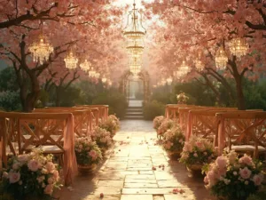 Magical May Wedding Ideas: A Spring Celebration Guide A picturesque garden wedding ceremony at golden hour with a flower-lined pathway, wooden chairs with silk ribbons, cherry blossoms, crystal chandeliers, and lush floral arrangements in vintage brass vessels, all under warm sunlight.
