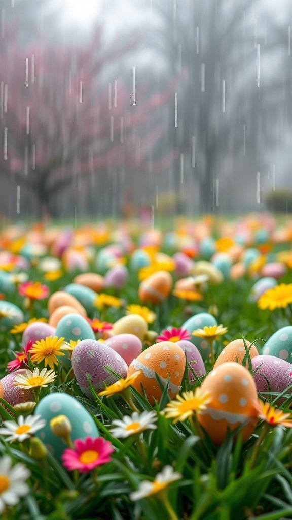 50 Cute Easter Wallpapers to Celebrate the Season Colorful Easter eggs in a garden during gentle rain, surrounded by flowers and blossoming trees.