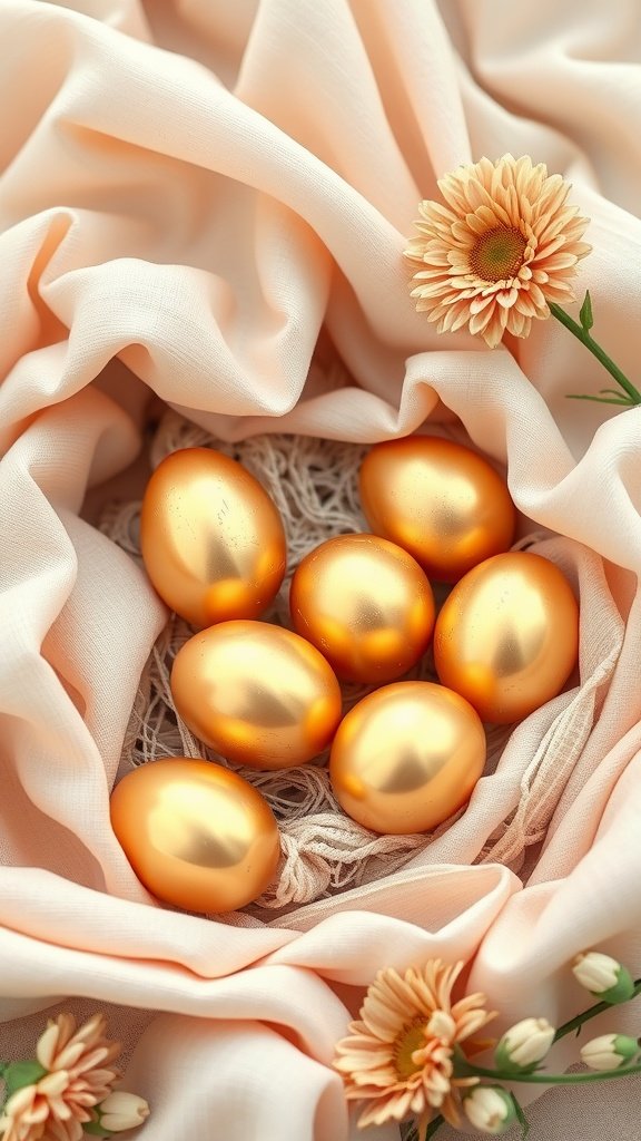 50 Cute Easter Wallpapers to Celebrate the Season A collection of golden eggs resting in soft peach fabric, surrounded by flowers.