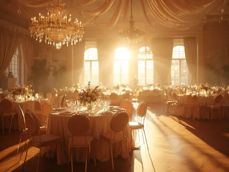 Early Spring Wedding Trends You’ll Want to Steal for Your Big Day! Luxurious grand ballroom during golden hour with sunlight streaming through Georgian windows, crystal chandeliers, silk-draped tables, and cherry blossom centerpieces.