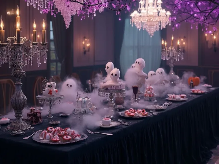 Killer Halloween Dessert Table Ideas: Spook-tacular Treats That'll Raise the Dead A hyperrealistic Victorian-style dessert table set in a dimly lit dining room, adorned with ghost-themed treats and dramatic decor, including black velvet drapes, silver candelabras, candy eyes, dry ice fog, and purple fairy lights.
