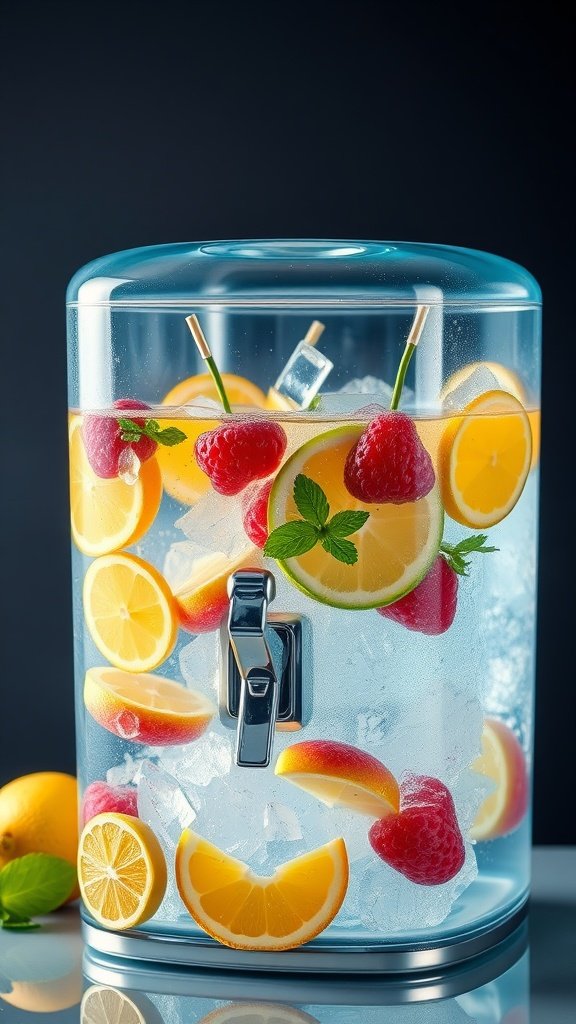 29 Creative Something Blue Bridal Shower Ideas to Inspire You A refreshing icy blue drink dispenser filled with lemon slices, raspberries, and mint leaves, surrounded by ice.