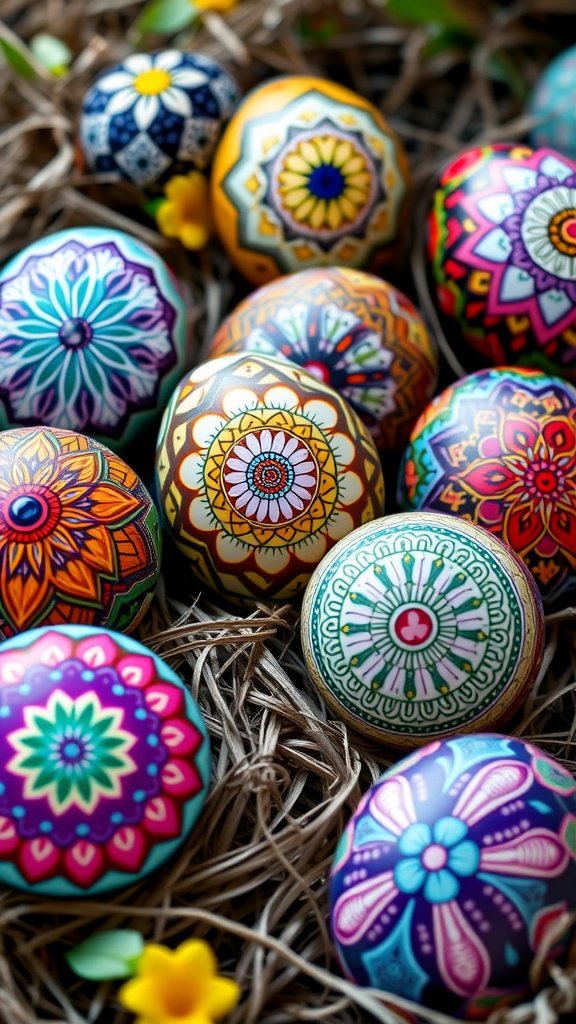 50 Cute Easter Wallpapers to Celebrate the Season Colorful mandala decorated Easter eggs on a bed of straw.