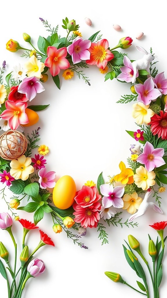 50 Cute Easter Wallpapers to Celebrate the Season A colorful floral wreath with Easter eggs and a bunny, symbolizing spring and joy.