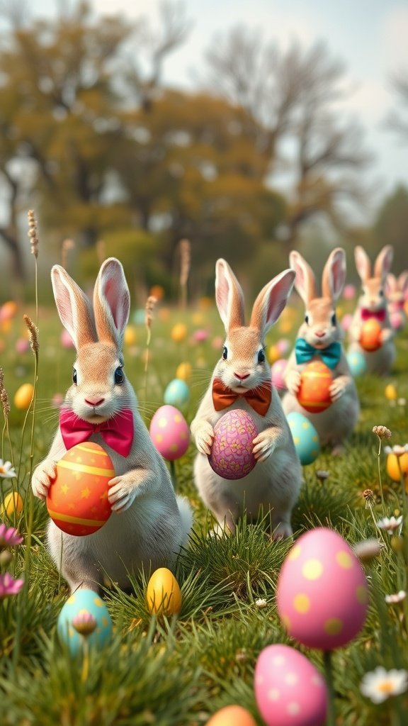 50 Cute Easter Wallpapers to Celebrate the Season A cheerful parade of rabbits holding colorful Easter eggs in a vibrant grassy field.