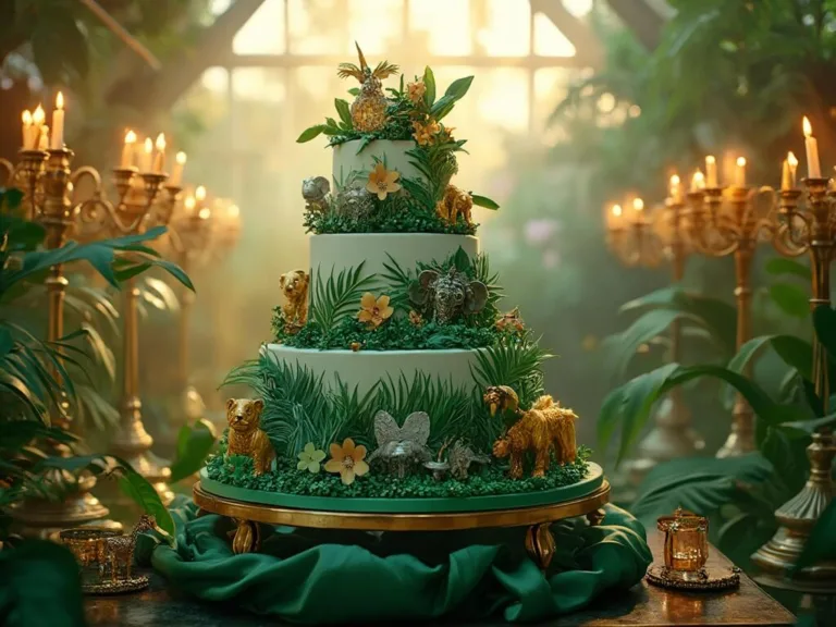 Jungle Theme Cake Ideas: Wild Celebrations Made Sweet A luxurious jungle-themed cake with handcrafted fondant animals and sugar foliage in a grand Victorian conservatory during golden hour.