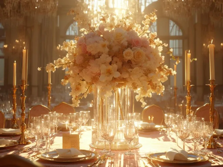 How to Create a Sophisticated Decor with Luxury Centerpieces? A luxurious ballroom table centerpiece with a towering crystal vase of peonies, roses, and orchids, surrounded by brass candlesticks, crystal wine glasses, gold-rimmed plates, and delicate gold-leaf place cards, all bathed in golden hour sunlight streaming through large windows.