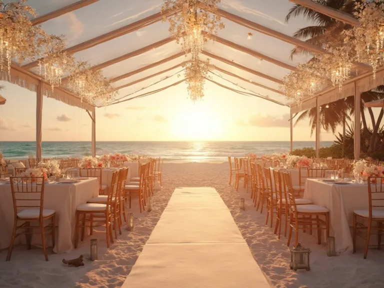 How to Plan a Dream Beach Wedding Reception Elegant beachfront wedding reception at sunset with a clear-top tent, white orchids, crystal chandeliers, and coral centerpieces on silk-draped tables, set against an ocean view and vibrant sky.