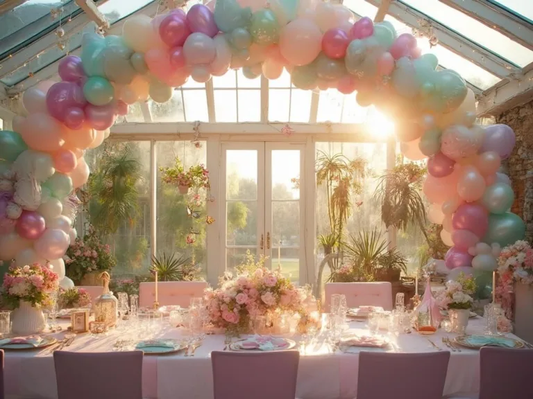 Ultimate Girl Birthday Party Decoration Guide A sunlit conservatory transformed into a whimsical birthday party with pastel linens, a rainbow balloon arch, unicorn-themed centerpieces, fairy lights, a princess dress-up corner, a mermaid dessert table, and a magical photo backdrop.