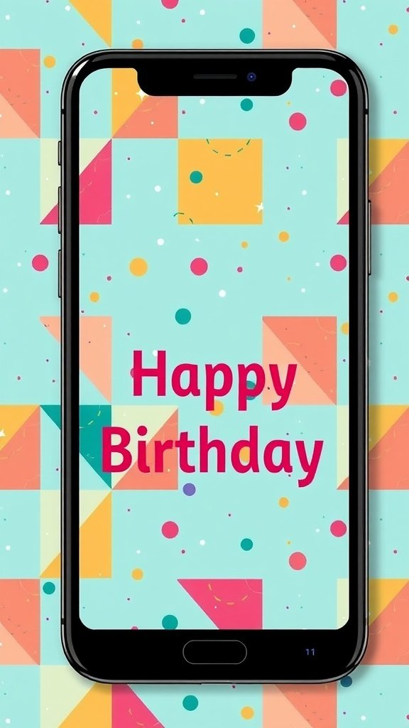 50 Fun and Creative Birthday Phone Wallpapers You’ll Love A phone displaying a colorful birthday wallpaper with geometric shapes and the text 'Happy Birthday'.