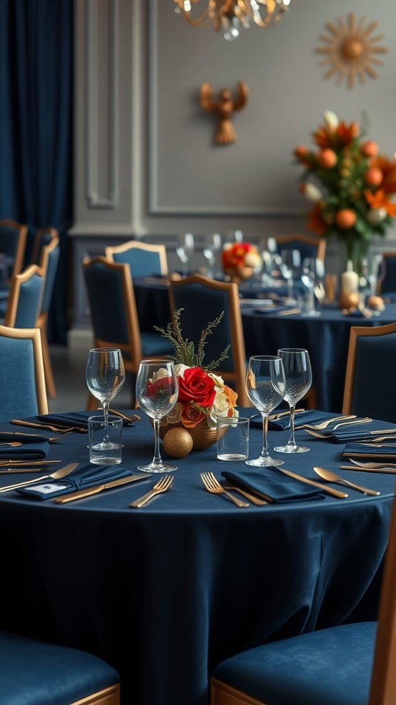 29 Creative Something Blue Bridal Shower Ideas to Inspire You Elegant table setting with navy tablecloth, gold cutlery, glassware, and floral centerpiece