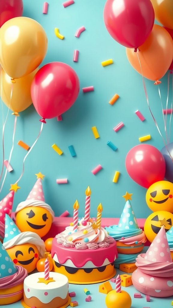 50 Fun and Creative Birthday Phone Wallpapers You’ll Love Colorful birthday scene with balloons, cake, and playful emoji decorations