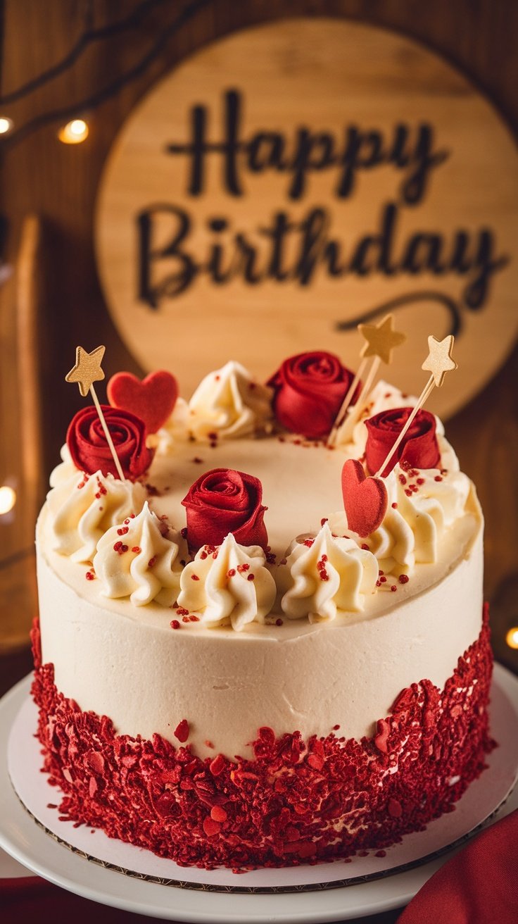 15 Unique Birthday Cakes for Men A beautifully decorated red velvet birthday cake with cream cheese frosting and festive toppers.