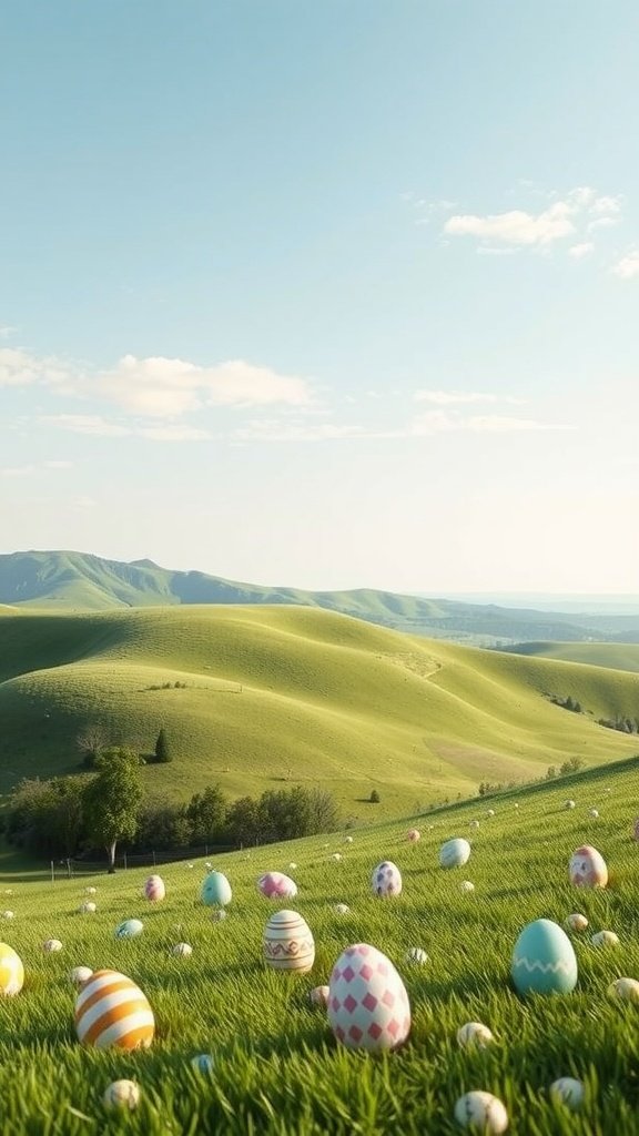 50 Cute Easter Wallpapers to Celebrate the Season A peaceful landscape featuring rolling green hills and colorful Easter eggs scattered across a grassy field under a blue sky.