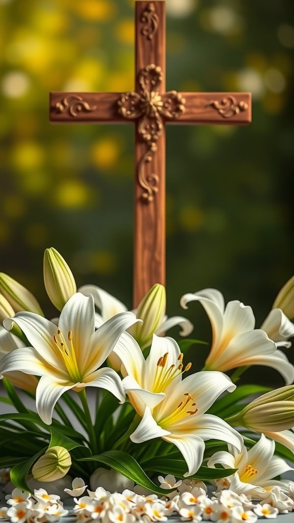 50 Cute Easter Wallpapers to Celebrate the Season A wooden cross with intricately carved details, surrounded by white lilies and delicate petals.