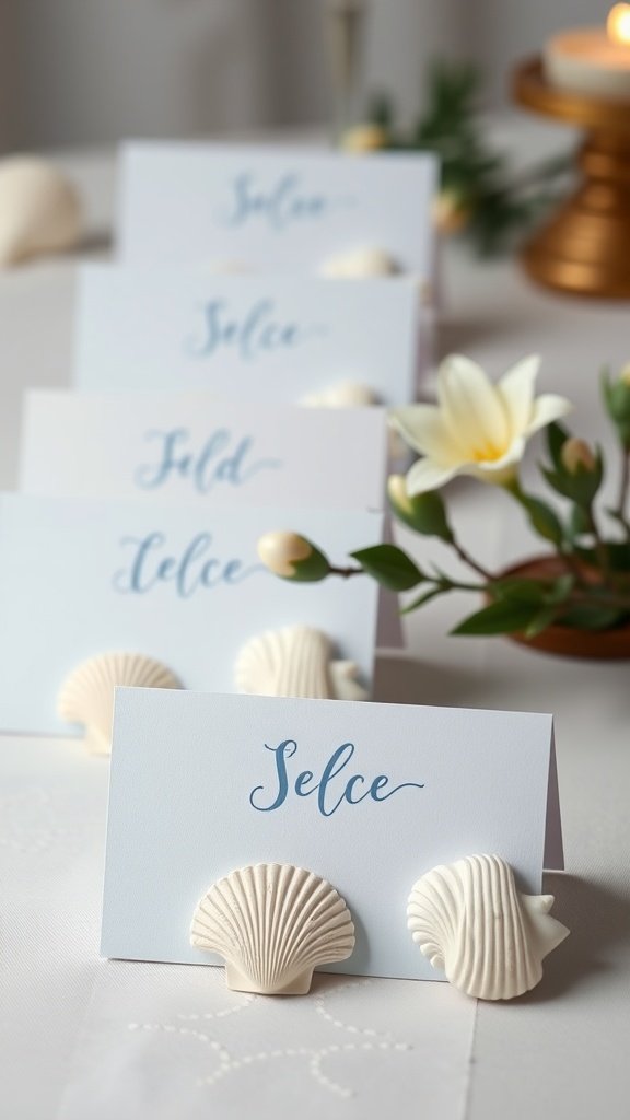 29 Creative Something Blue Bridal Shower Ideas to Inspire You Seashell blue place cards elegantly displayed on a table.