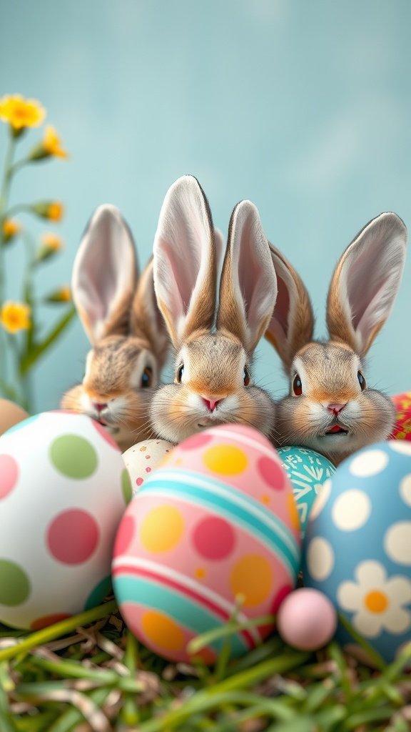 50 Cute Easter Wallpapers to Celebrate the Season Three cute bunnies among colorful Easter eggs in a grassy setting.