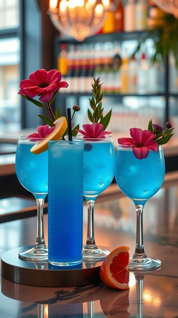 29 Creative Something Blue Bridal Shower Ideas to Inspire You A selection of sky blue cocktails with floral garnishes at a cocktail bar.