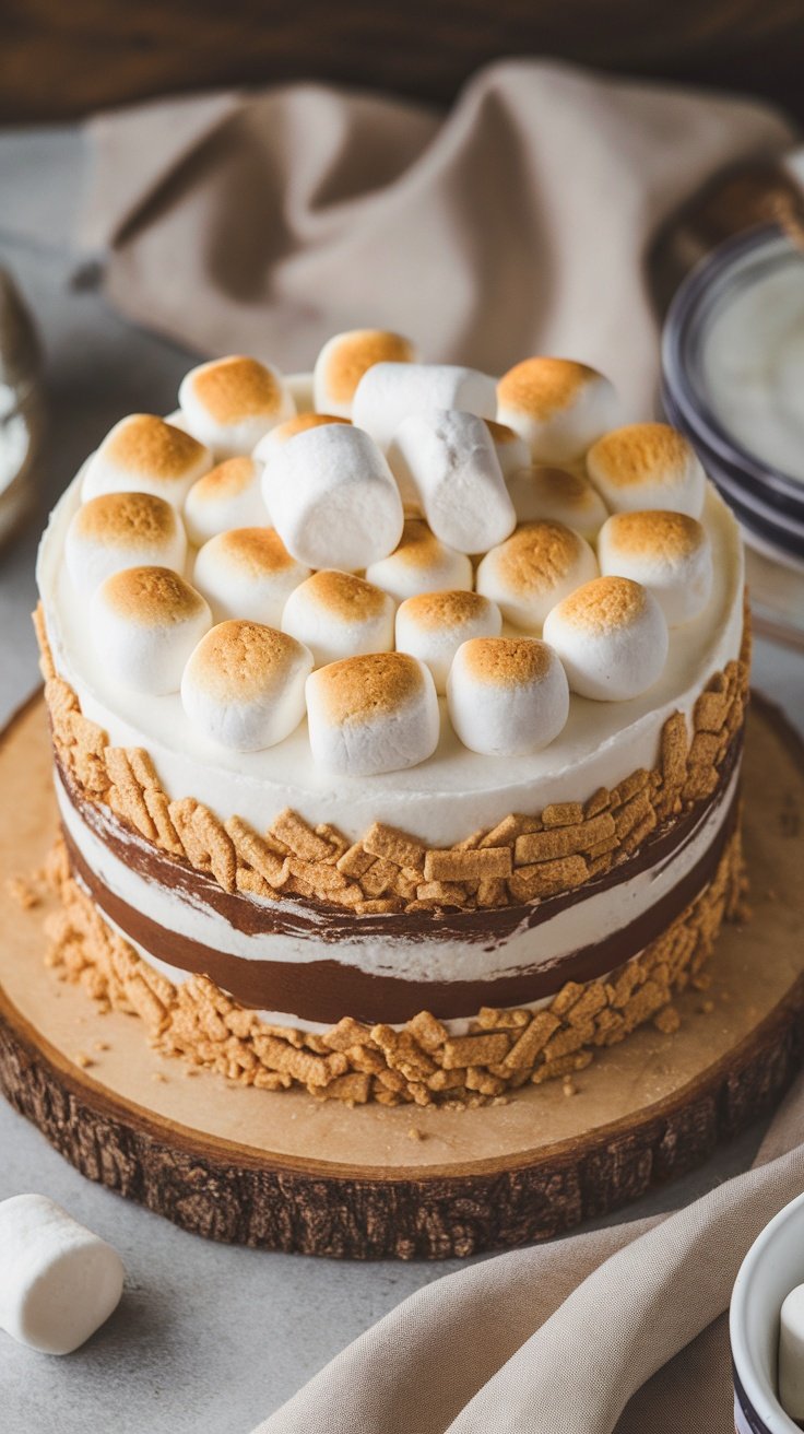 15 Unique Birthday Cakes for Men A beautifully layered S'mores birthday cake topped with toasted marshmallows and crushed graham crackers.