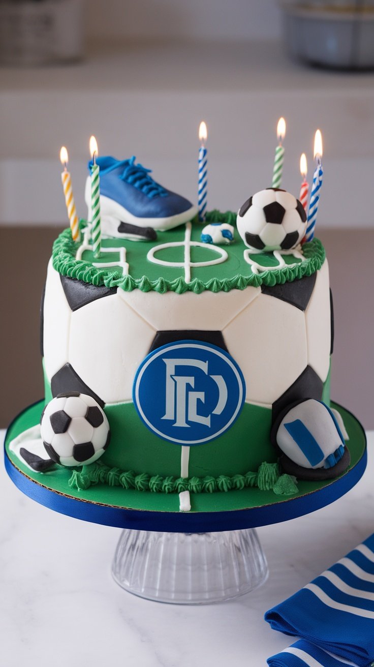 15 Unique Birthday Cakes for Men A decorated cake featuring a sports theme with soccer elements and team colors.
