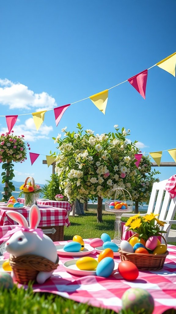 50 Cute Easter Wallpapers to Celebrate the Season A sunny Easter picnic setup with colorful decorations, painted eggs, and a checkered tablecloth.