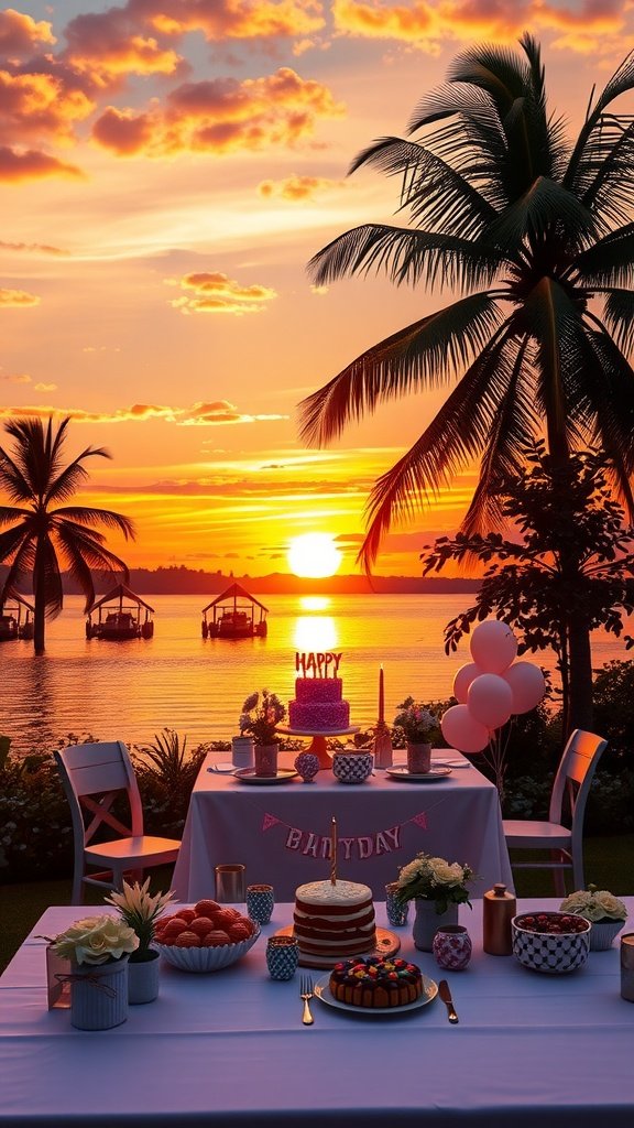 50 Fun and Creative Birthday Phone Wallpapers You’ll Love A beautifully set table for a sunset birthday celebration with cake, balloons, and a scenic view.
