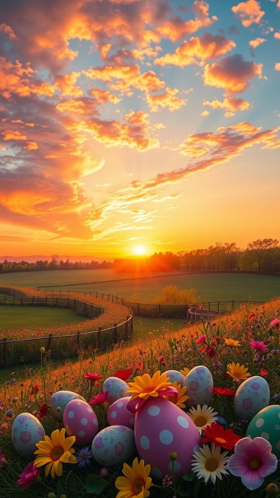 50 Cute Easter Wallpapers to Celebrate the Season Sunset over a field with colorful Easter eggs and flowers