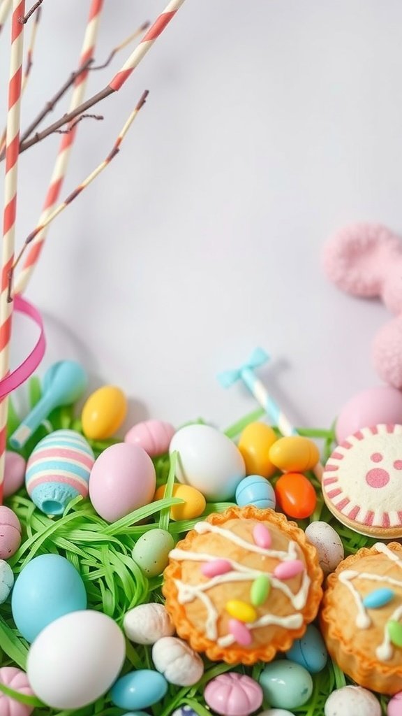 50 Cute Easter Wallpapers to Celebrate the Season A colorful assortment of Easter treats including decorated cookies, pastel eggs, and candy on green grass.