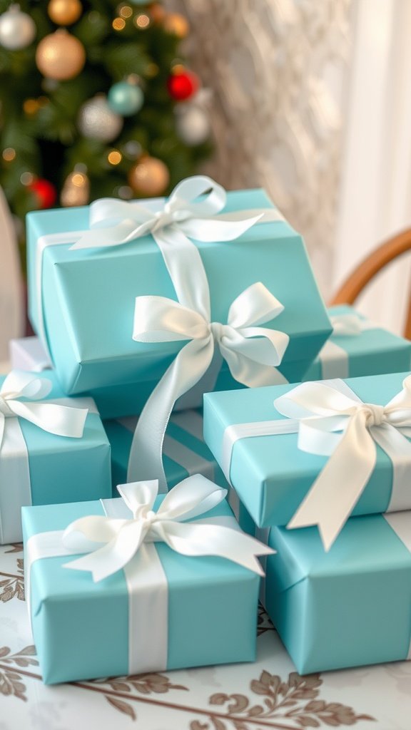 29 Creative Something Blue Bridal Shower Ideas to Inspire You A collection of Tiffany blue wrapped gifts with white ribbons on a table.