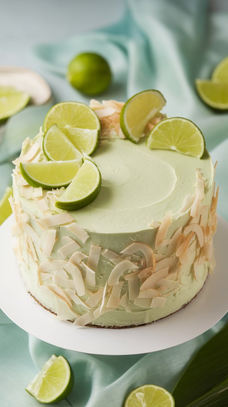 15 Stunning Birthday Cakes for Women A beautifully decorated Tropical Coconut Lime Cake topped with lime slices and coconut shavings.