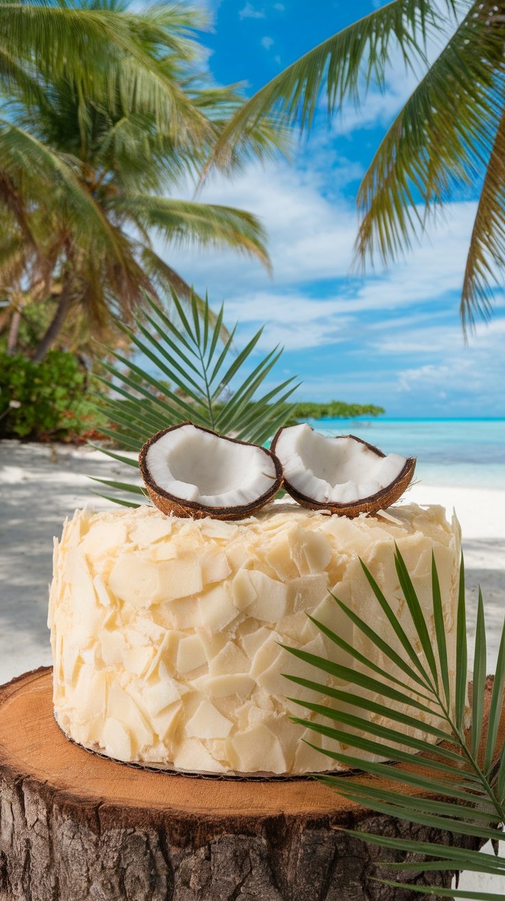 15 Unique Birthday Cakes for Men A tropical coconut rum cake on a wooden base surrounded by palm leaves.