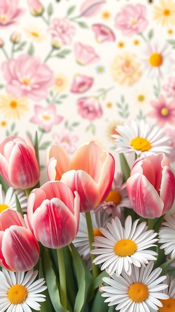 50 Cute Easter Wallpapers to Celebrate the Season A bouquet of pink tulips and white daisies in front of a floral patterned background.