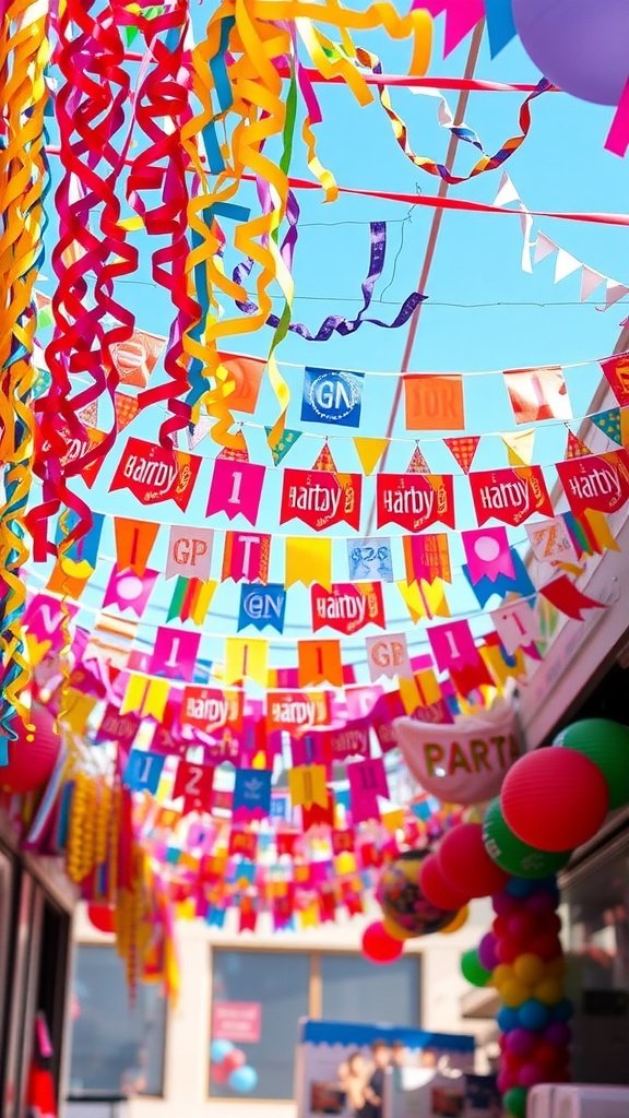 50 Fun and Creative Birthday Phone Wallpapers You’ll Love A vibrant display of party decorations with colorful banners and streamers.