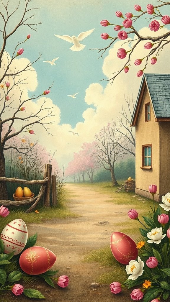 50 Cute Easter Wallpapers to Celebrate the Season A vintage Easter scene featuring a pathway, blooming flowers, decorated eggs, and doves in the sky.